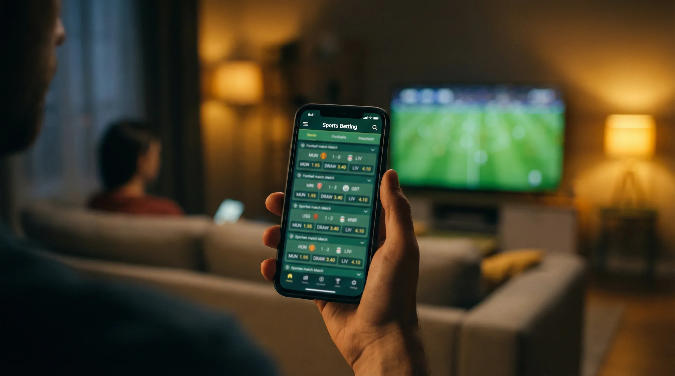 Mano che tiene uno smartphone con un'app di scommesse sportive aperta durante una partita di calcio