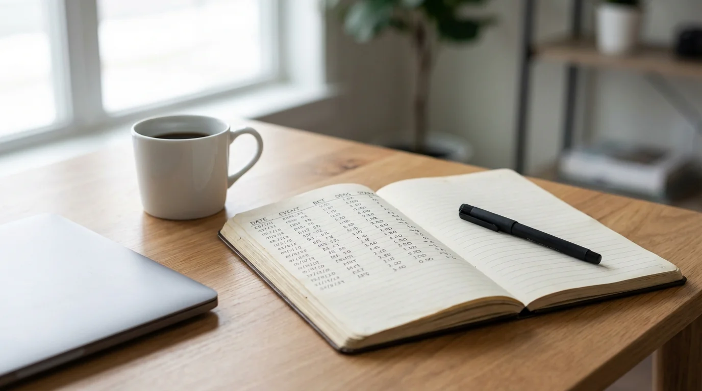 Quaderno aperto con appunti e una penna su una scrivania ordinata accanto a un laptop