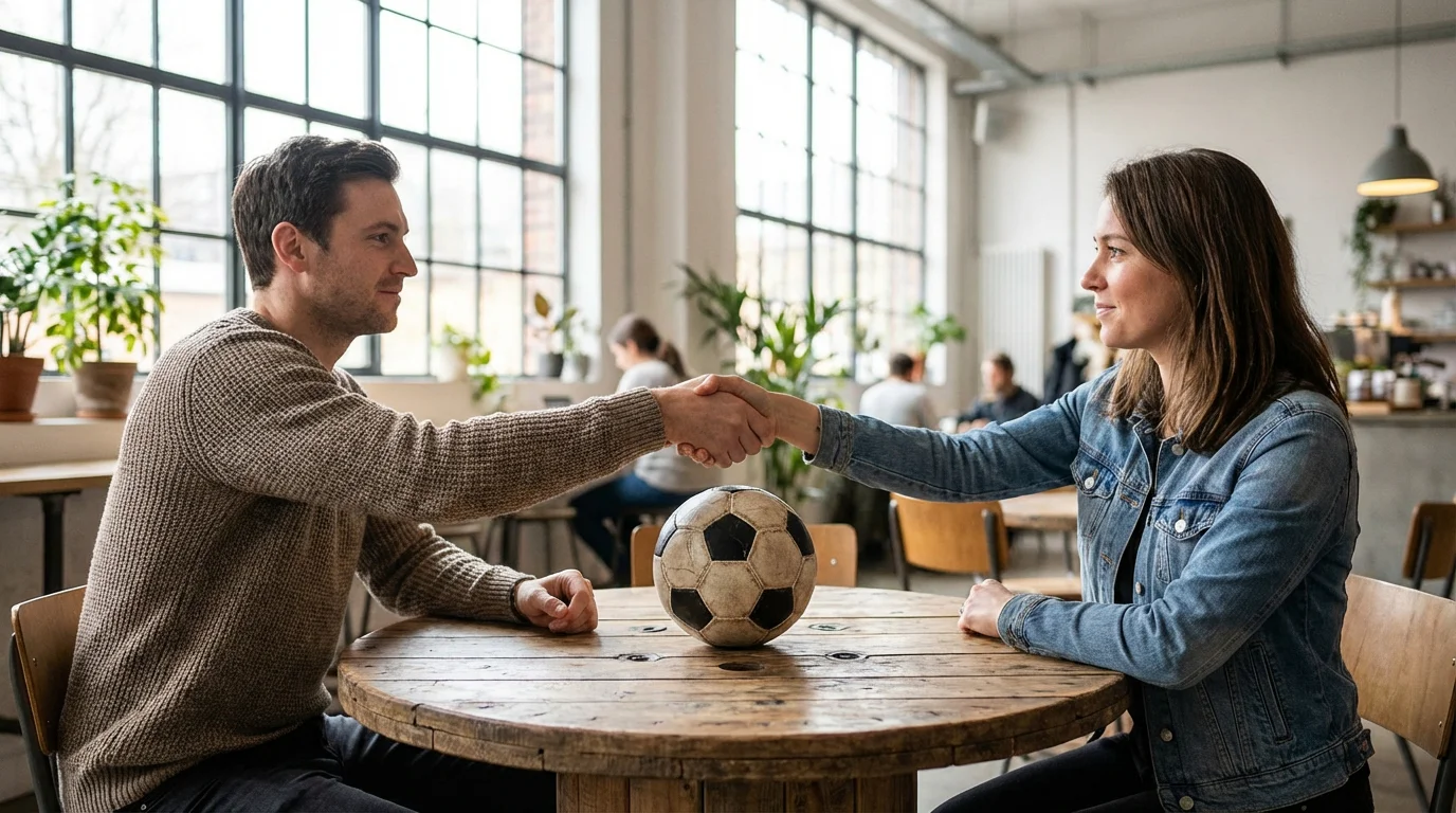 Due persone sedute una di fronte all'altra a un tavolo che si stringono la mano con un pallone da calcio al centro