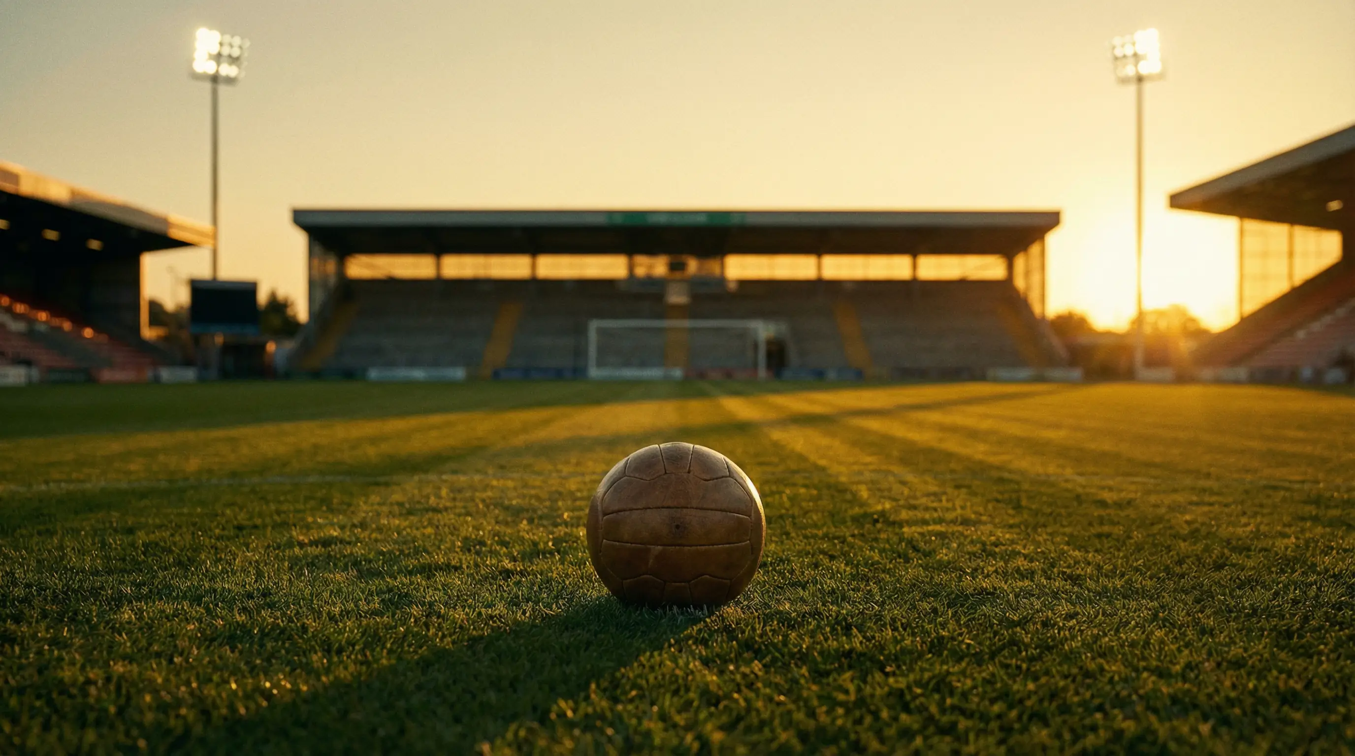 Pallone da calcio su un campo in erba con luci dello stadio accese sullo sfondo al tramonto