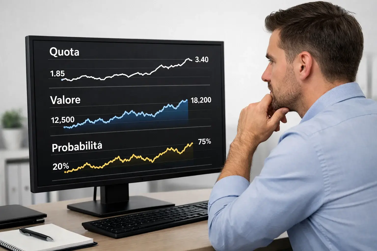 Analista che studia dati statistici su un monitor