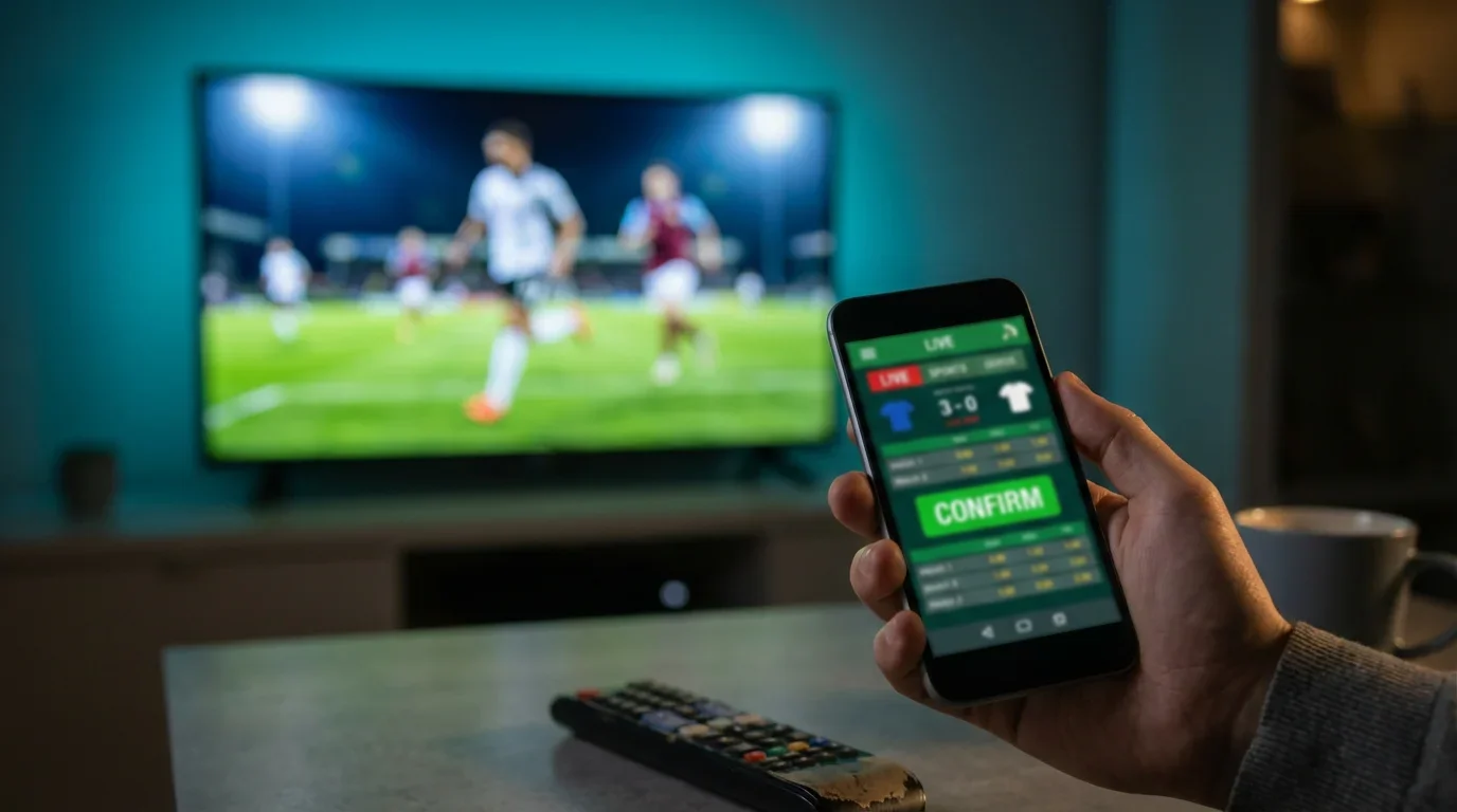 Mano che preme un pulsante su uno smartphone durante una partita di calcio visibile sullo sfondo