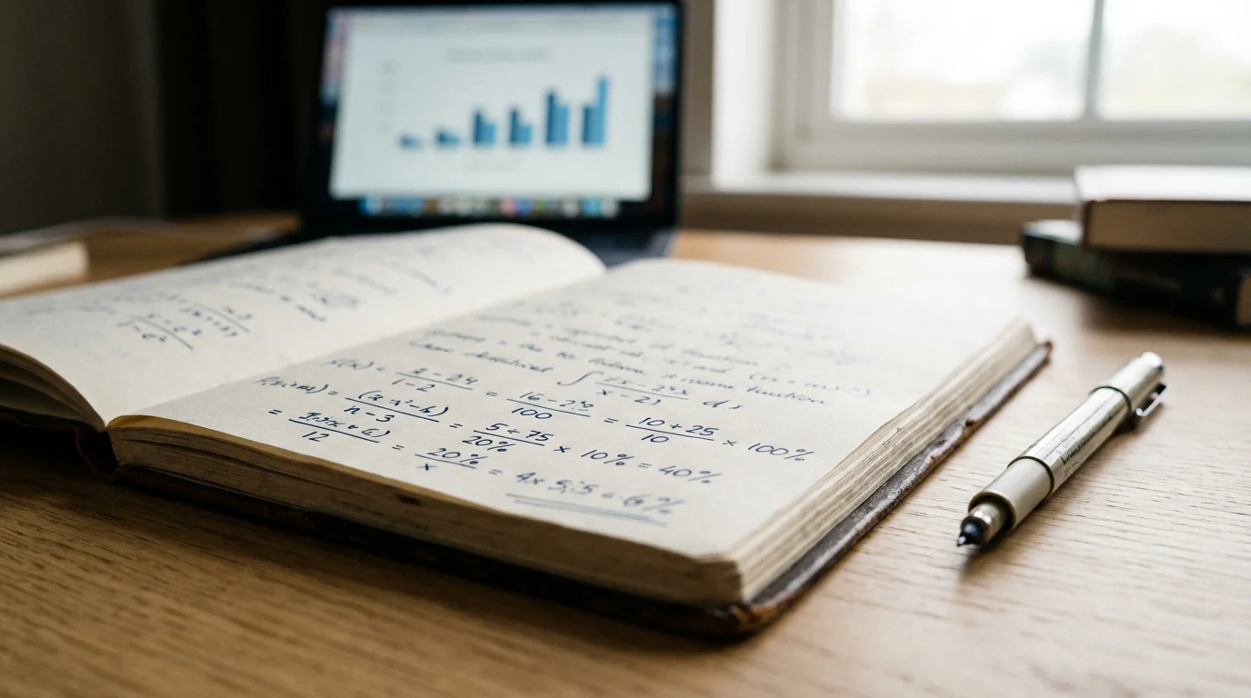 Primo piano di un quaderno con formule matematiche scritte a mano accanto a un laptop aperto