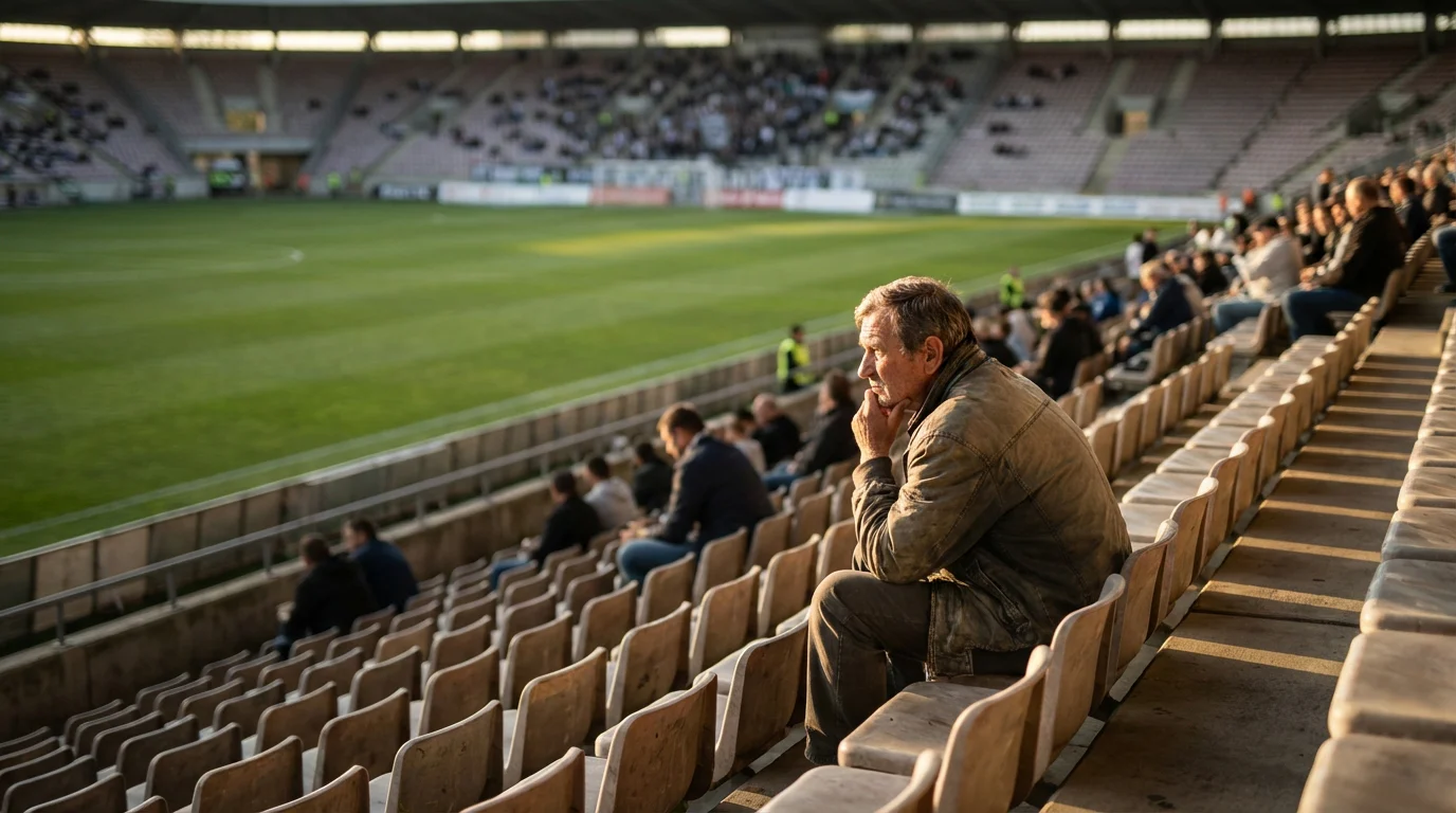 Tifoso pensieroso seduto allo stadio che guarda il campo da calcio con espressione riflessiva