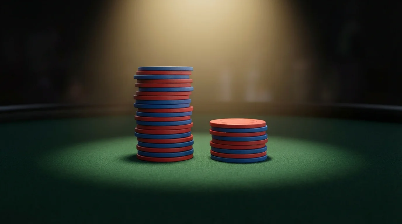 Due pile ordinate di fiches da gioco su un tavolo verde con luce soffusa dall'alto