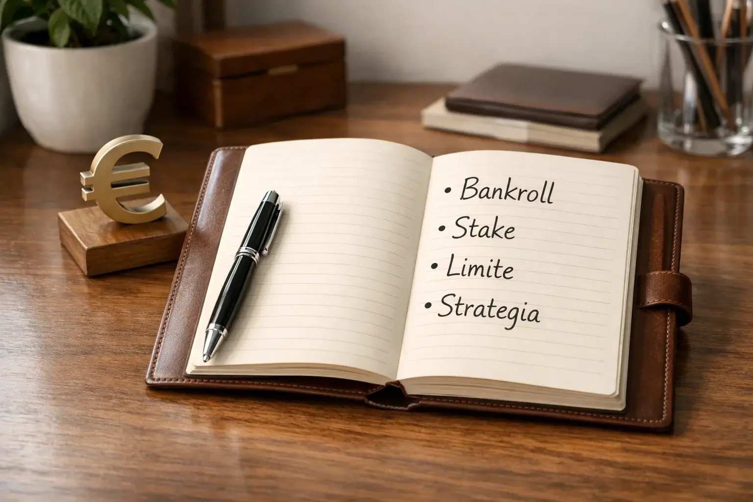 Blocco note aperto con penna e simboli di valuta € su sfondo scrivania ordinata