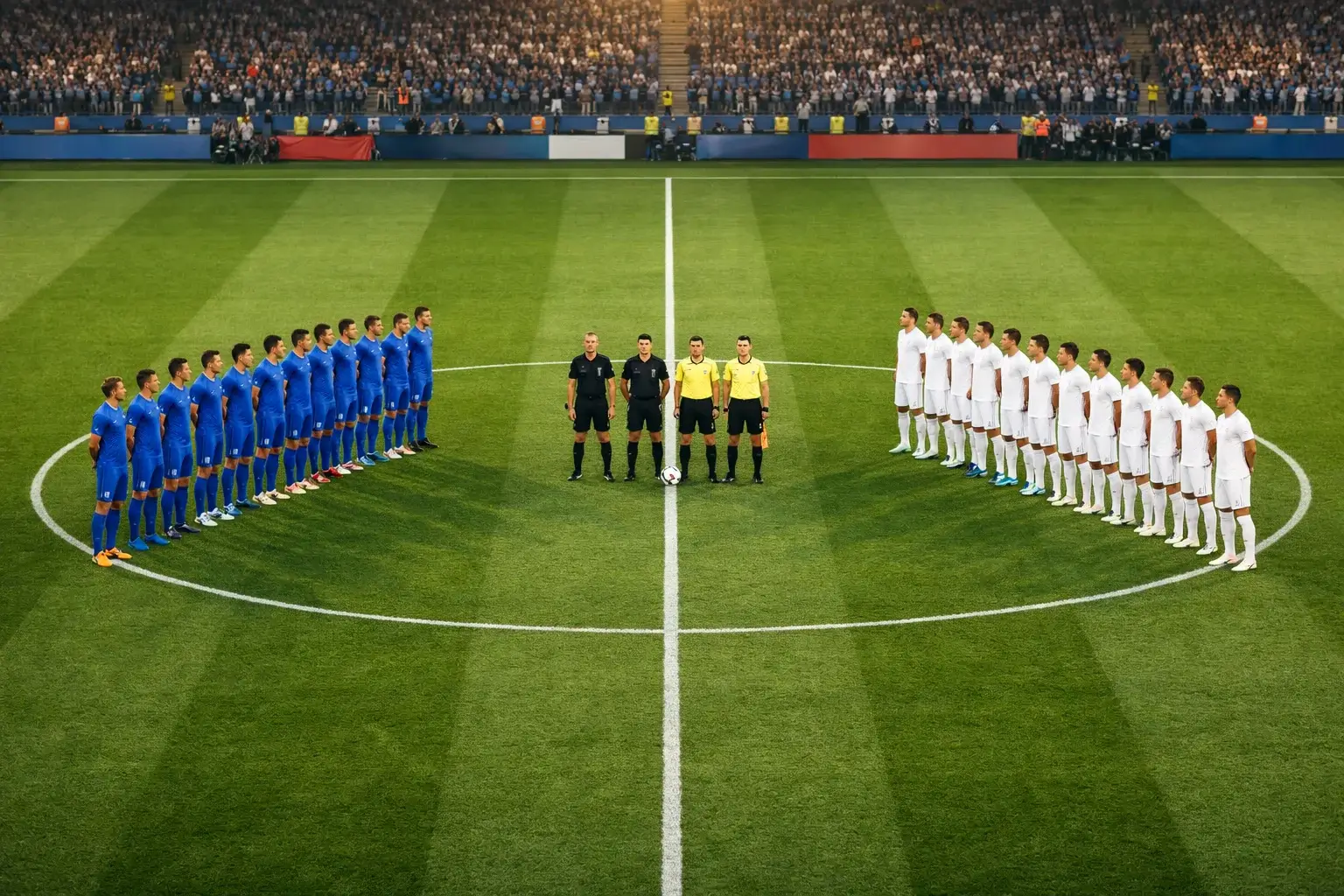 Due squadre di calcio schierate in campo prima del match