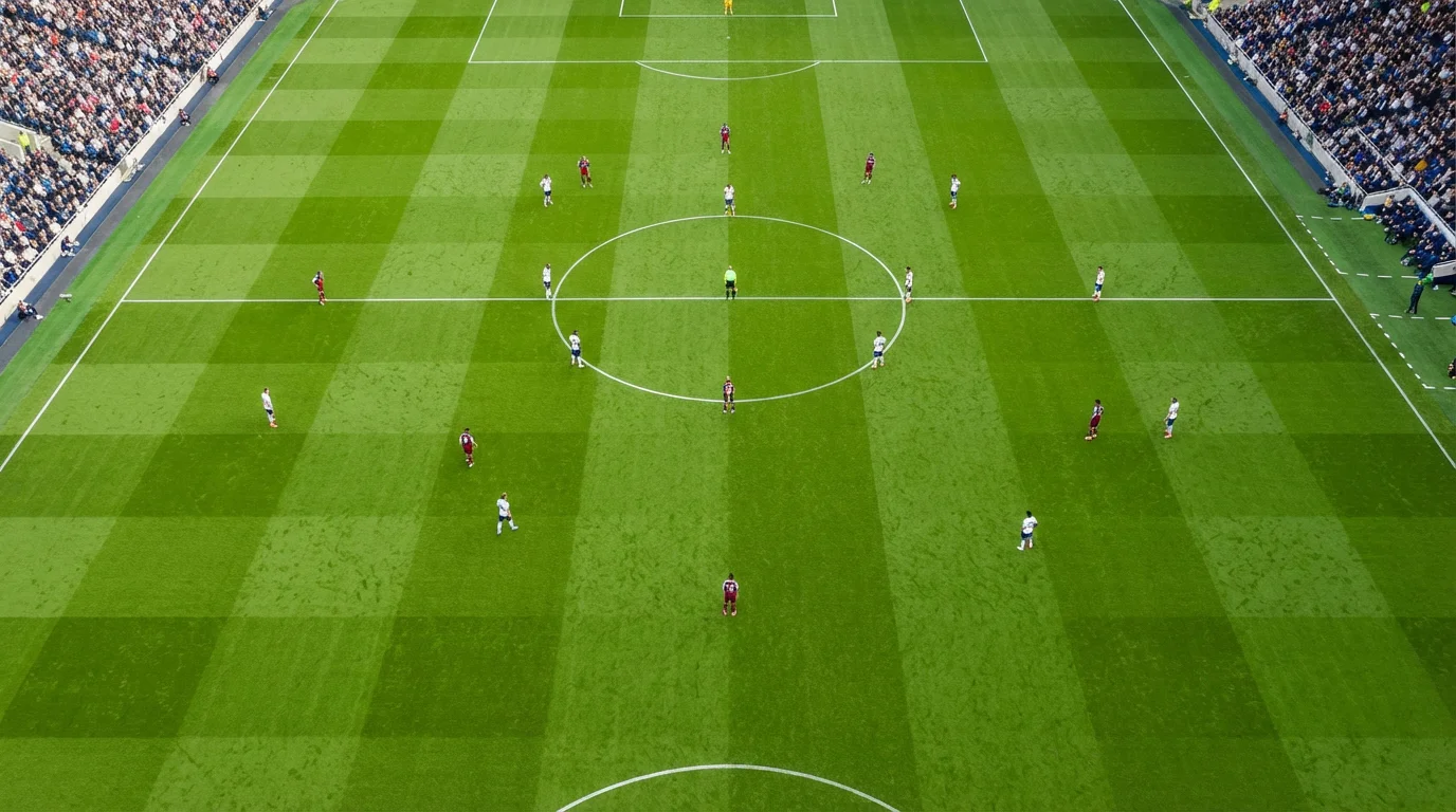 Campo da calcio in erba visto dall'alto con le linee del campo ben visibili