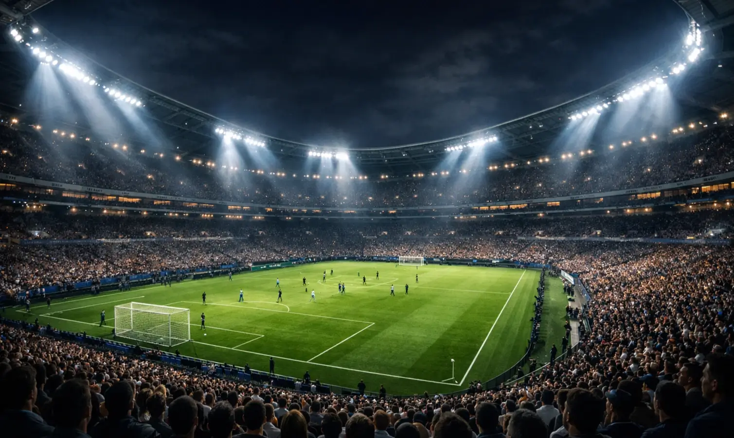 Tifosi che guardano una partita di calcio in uno stadio illuminato