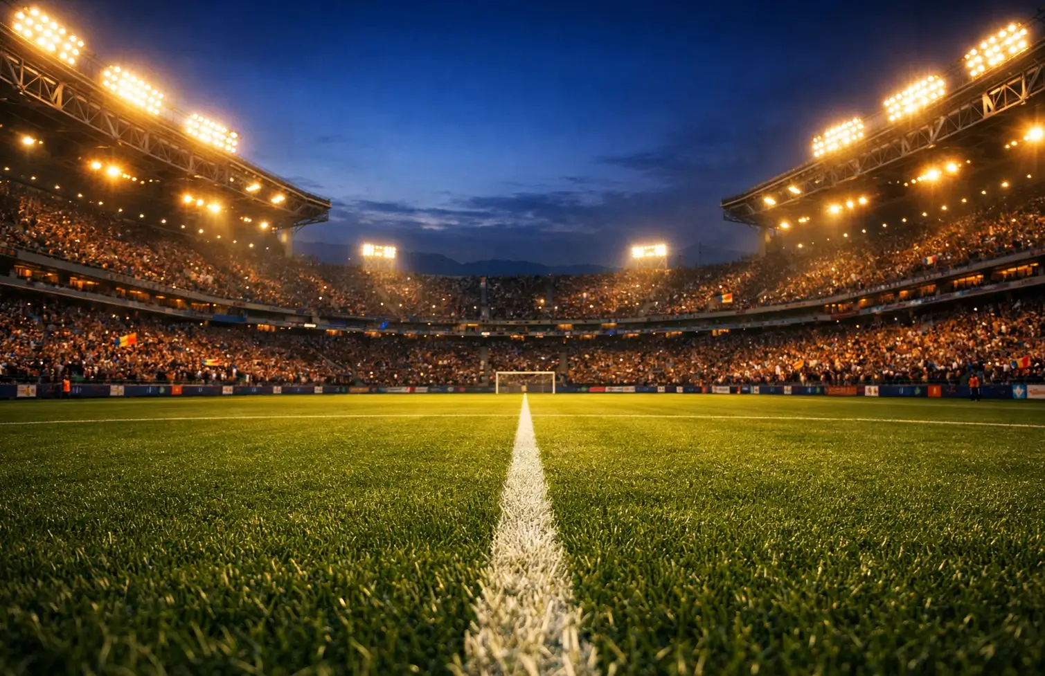 Stadio di calcio italiano illuminato con tifosi sugli spalti durante una partita serale