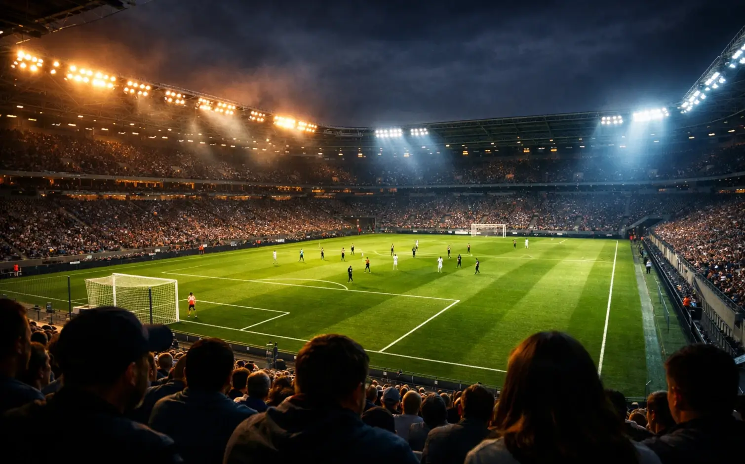 Stadio di calcio con tifosi durante una partita serale