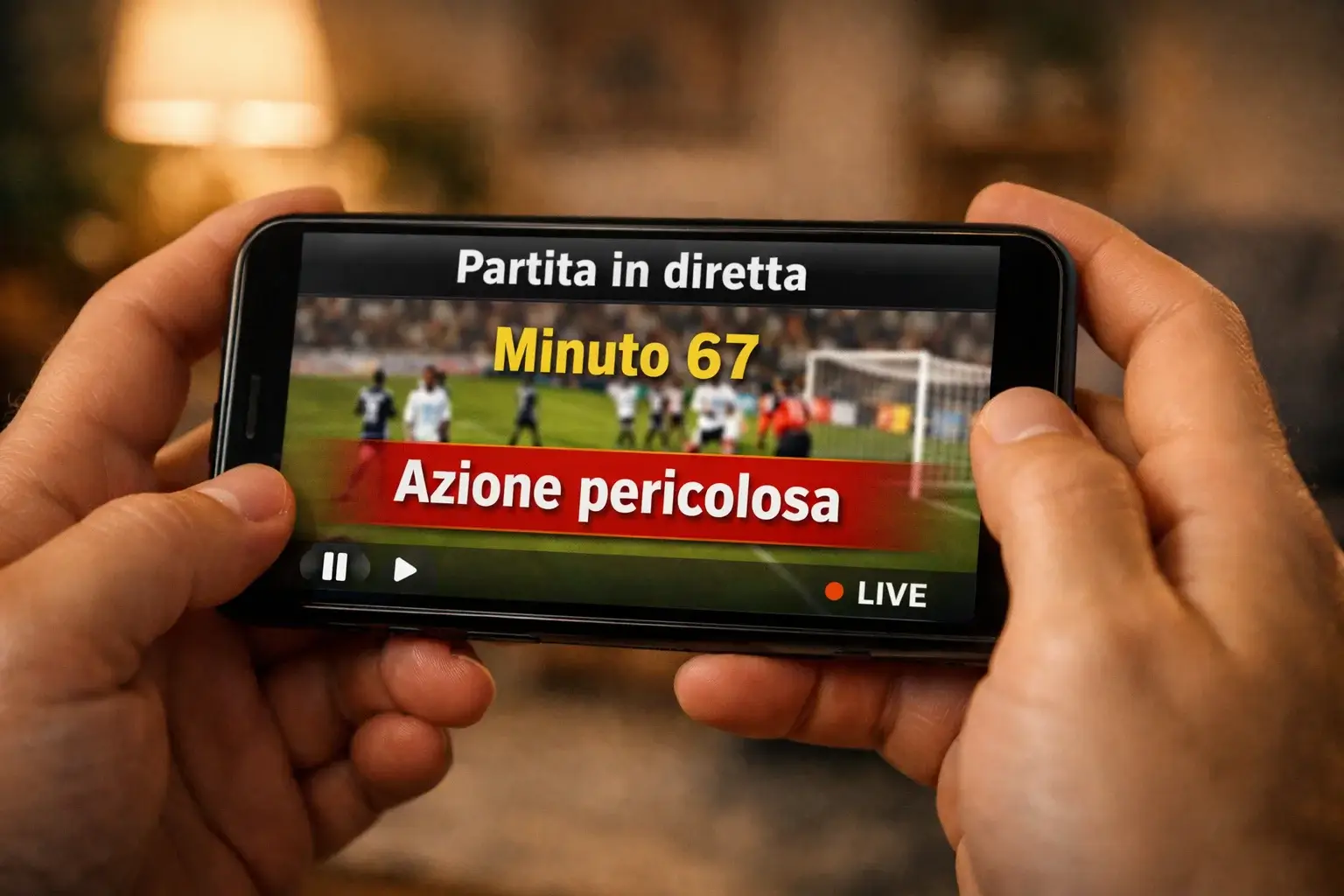 Persona che segue una partita di calcio sullo smartphone