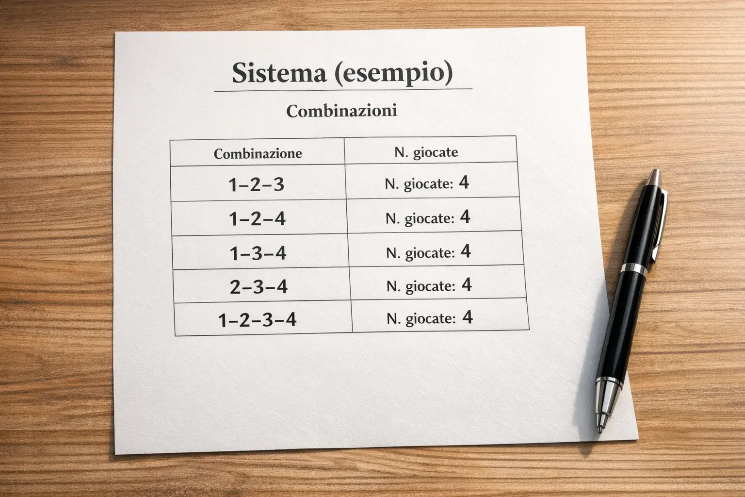 Tabella con numeri e combinazioni su foglio