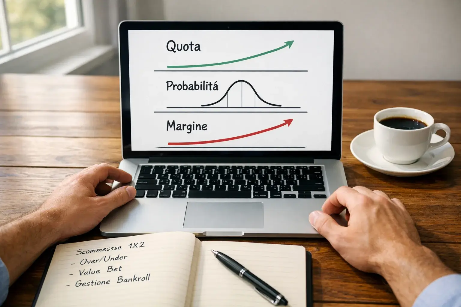 Persona che analizza dati su un laptop con appunti e penna sul tavolo