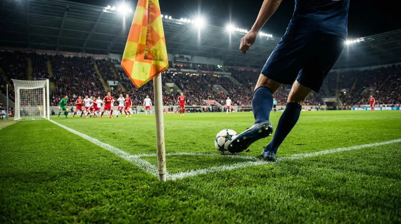Calciatore che batte un calcio d'angolo su un campo da calcio in erba durante una partita
