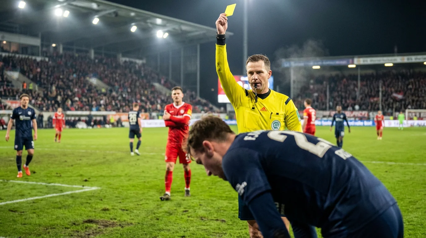 Arbitro di calcio che mostra un cartellino giallo a un calciatore durante una partita su erba
