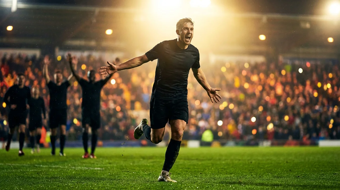 Attaccante di calcio che esulta dopo aver segnato un gol in uno stadio pieno di tifosi