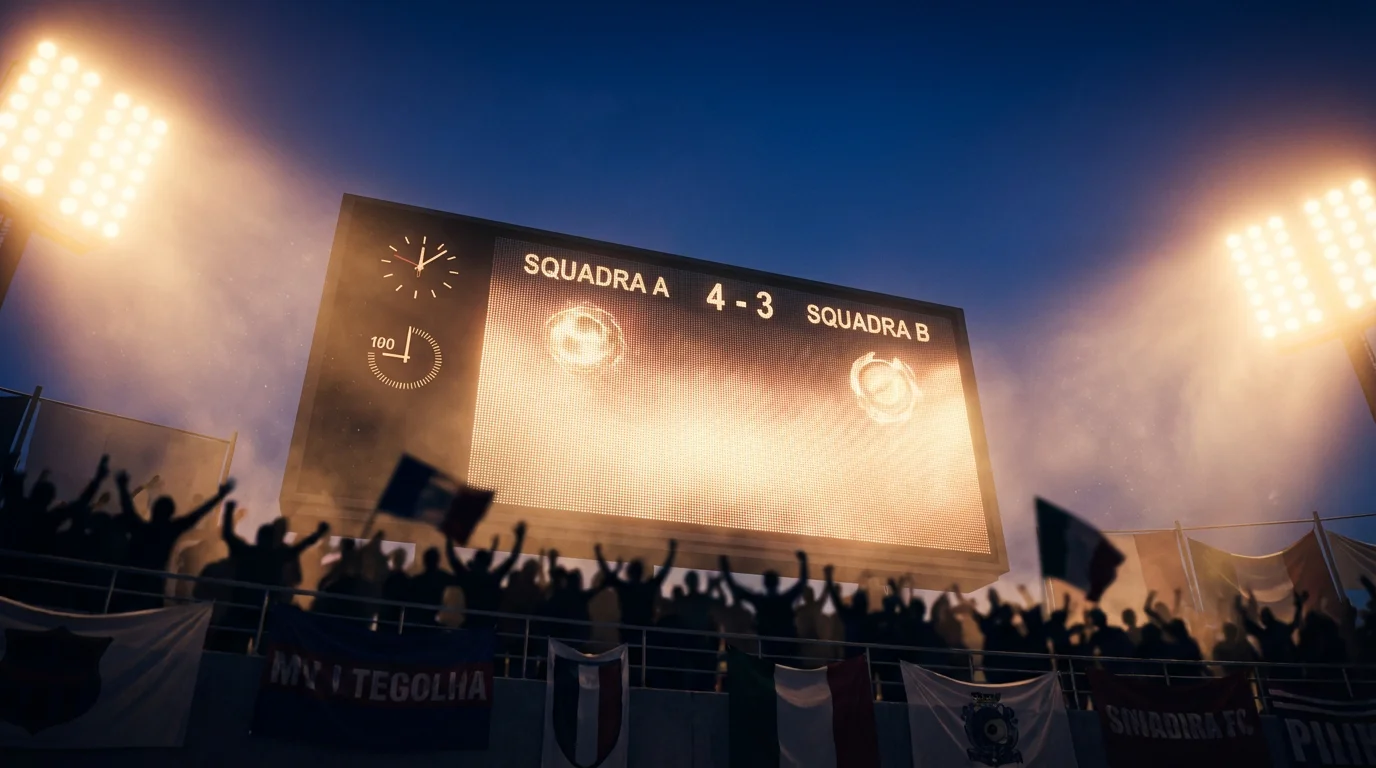 Tabellone segnapunti di uno stadio di calcio illuminato durante una partita serale