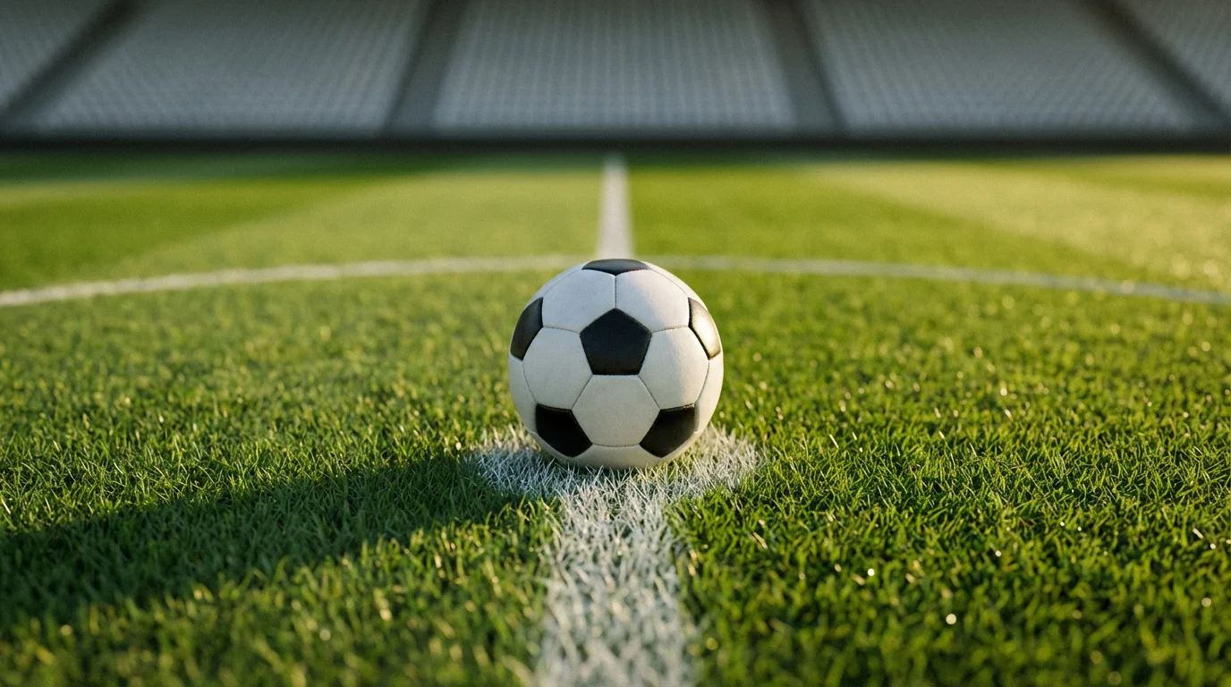 Pallone da calcio fermo sul dischetto del centrocampo su un prato verde perfettamente curato