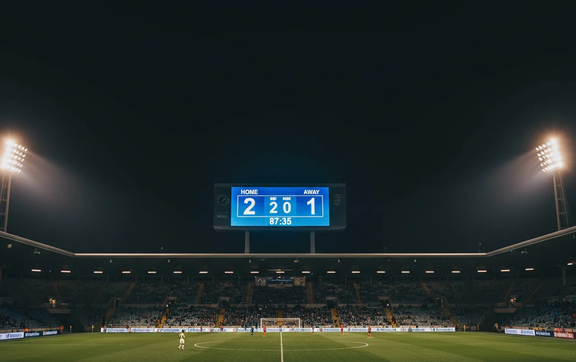Primo piano del tabellone segnapunti di uno stadio di calcio che mostra il punteggio della partita