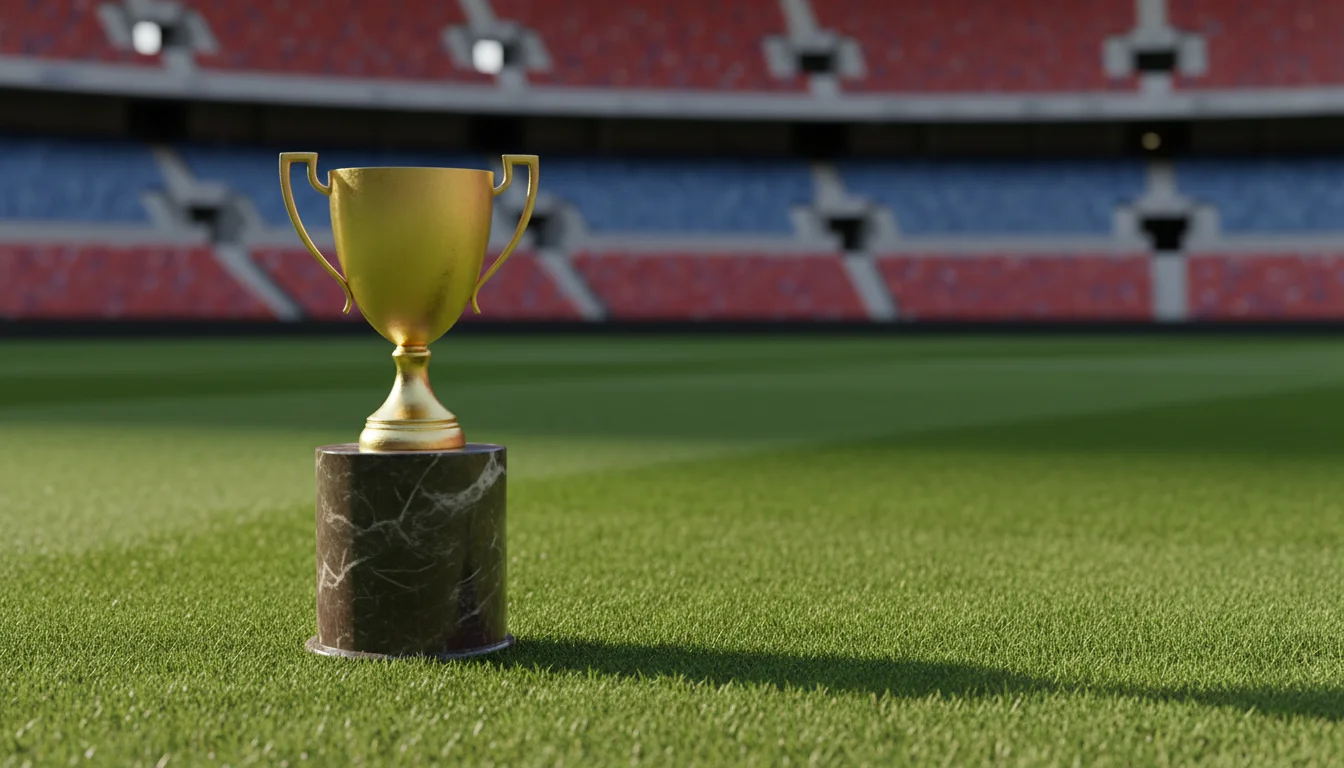 Trofeo dorato su un piedistallo con un campo da calcio in erba naturale sullo sfondo illuminato dal sole