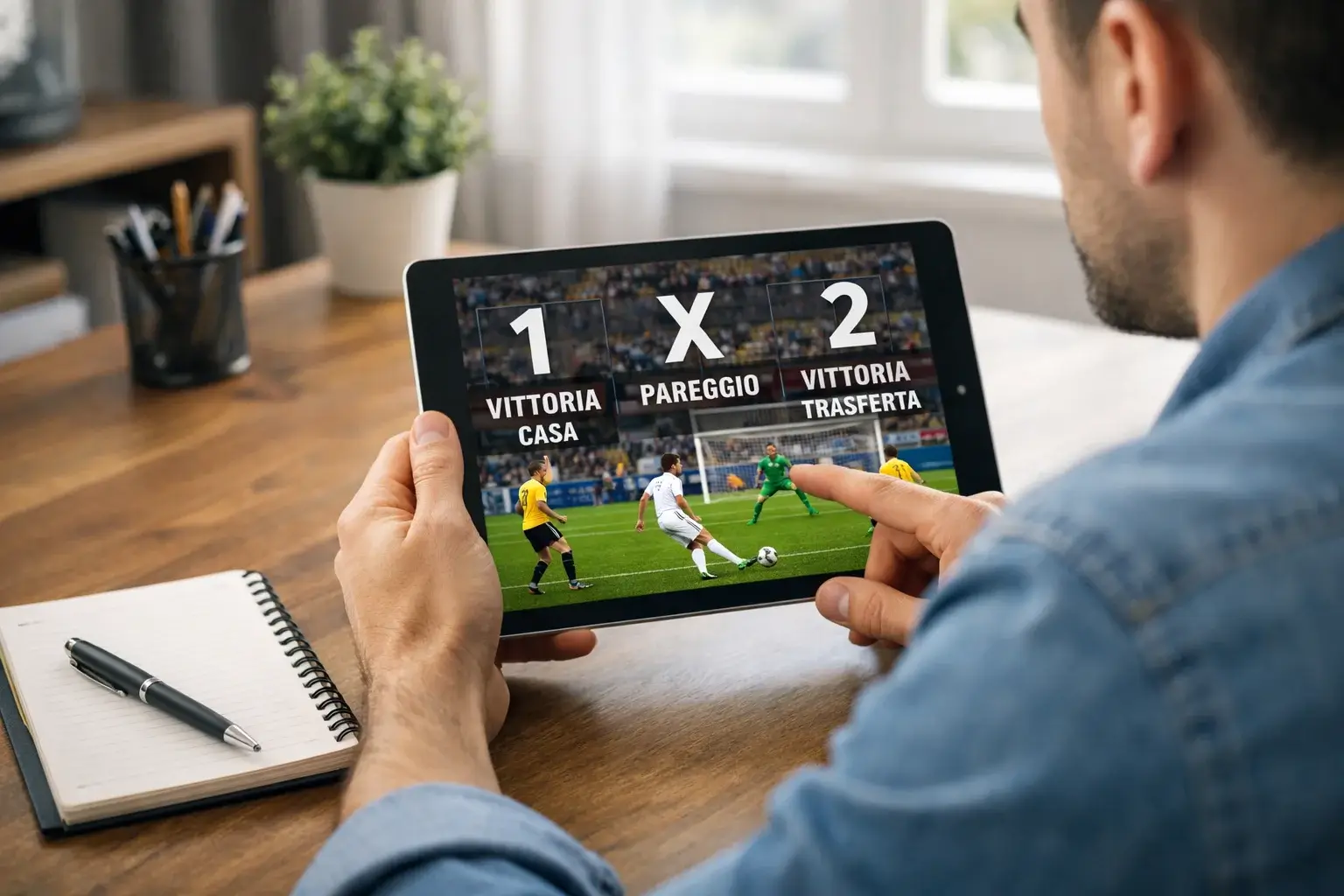 Persona che analizza una partita di calcio su tablet