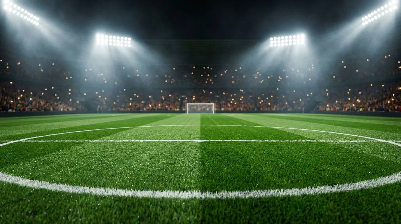 Campo da calcio illuminato per una partita serale di Champions League con il cerchio di centrocampo in primo piano