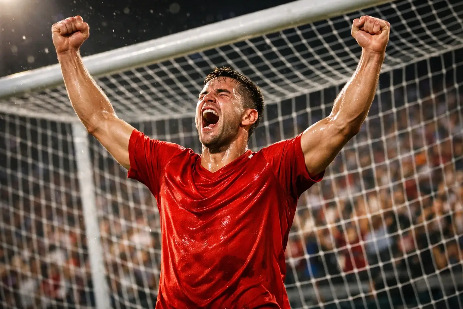 Calciatore che segna un gol in uno stadio