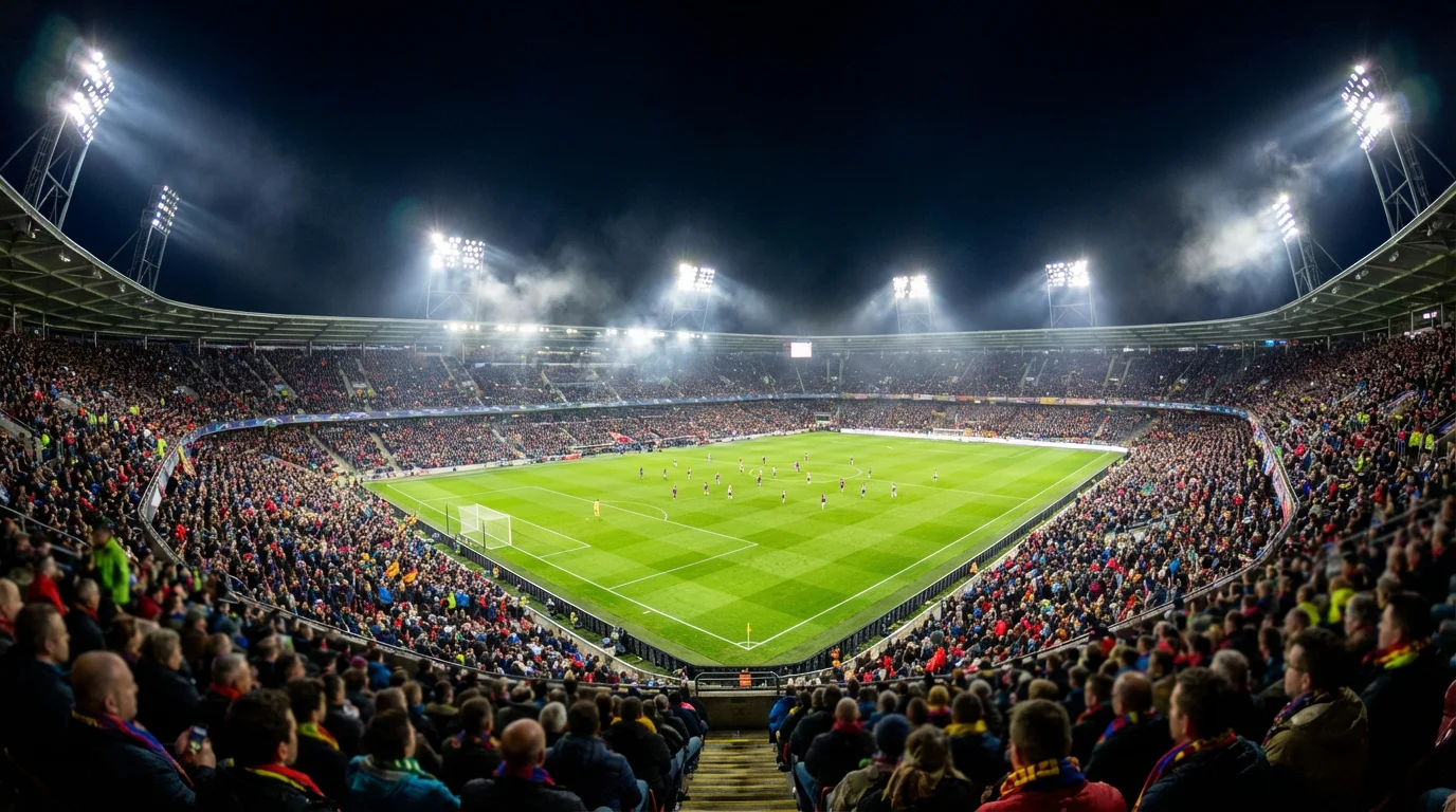 Stadio di calcio illuminato durante una partita serale con il campo in erba verde e i riflettori accesi