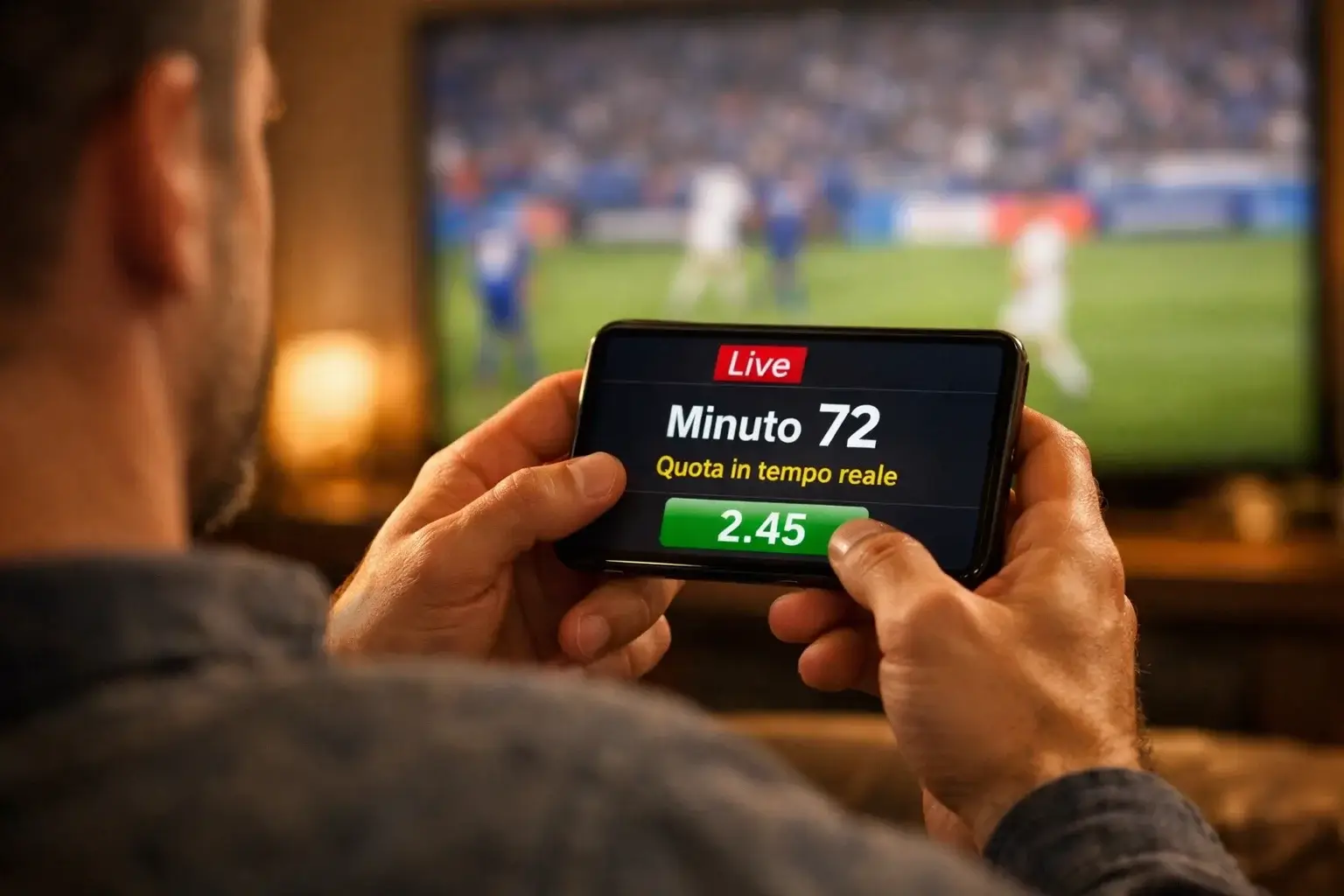 Tifoso che guarda una partita di calcio in diretta tenendo uno smartphone in mano