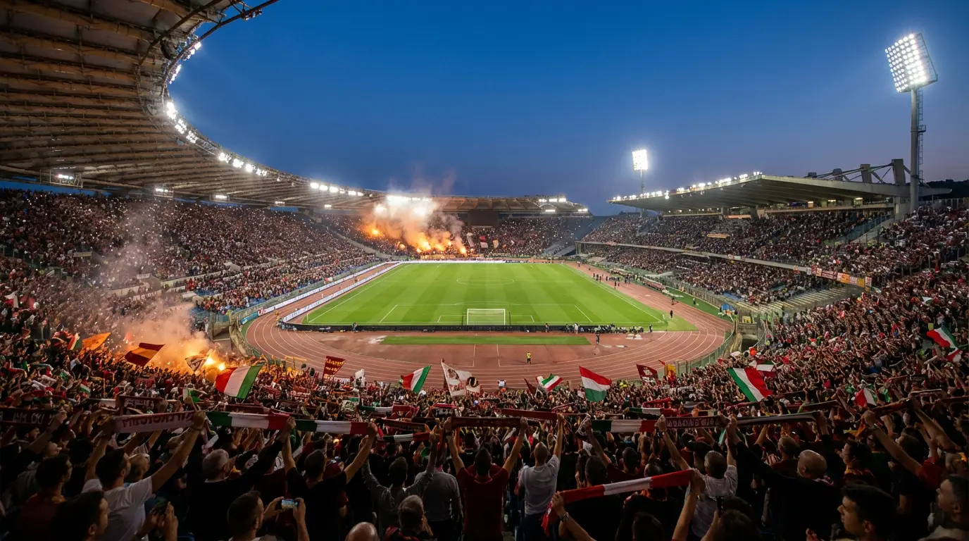 Panoramica di uno stadio italiano di Serie A pieno di tifosi durante una partita di calcio serale