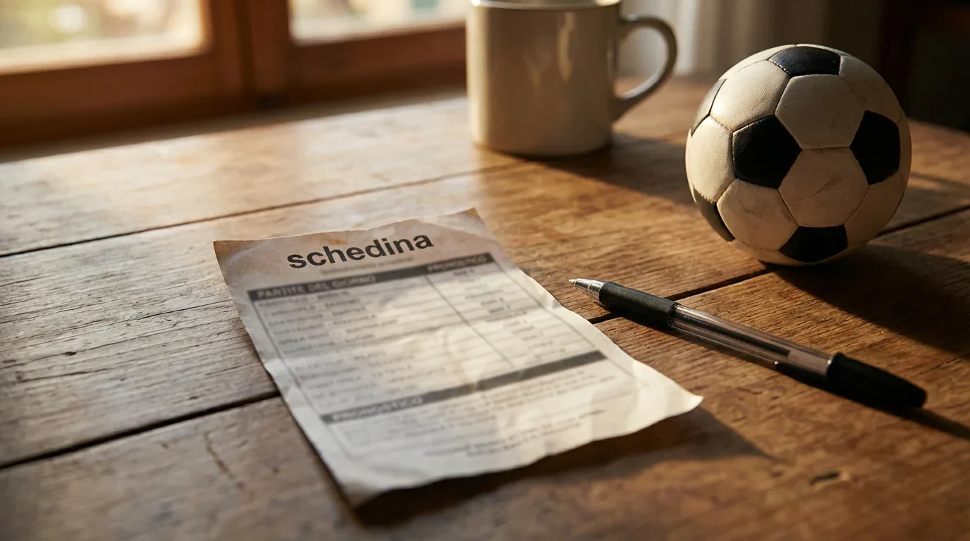 Schedina di scommesse sportive su un tavolo accanto a una penna e un pallone da calcio