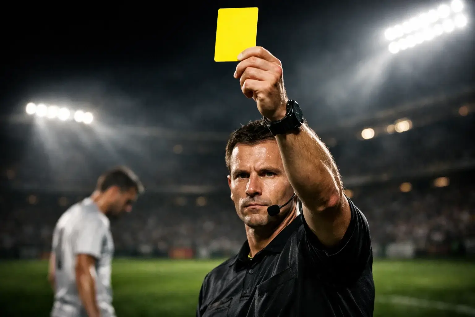 Arbitro di calcio che estrae un cartellino giallo