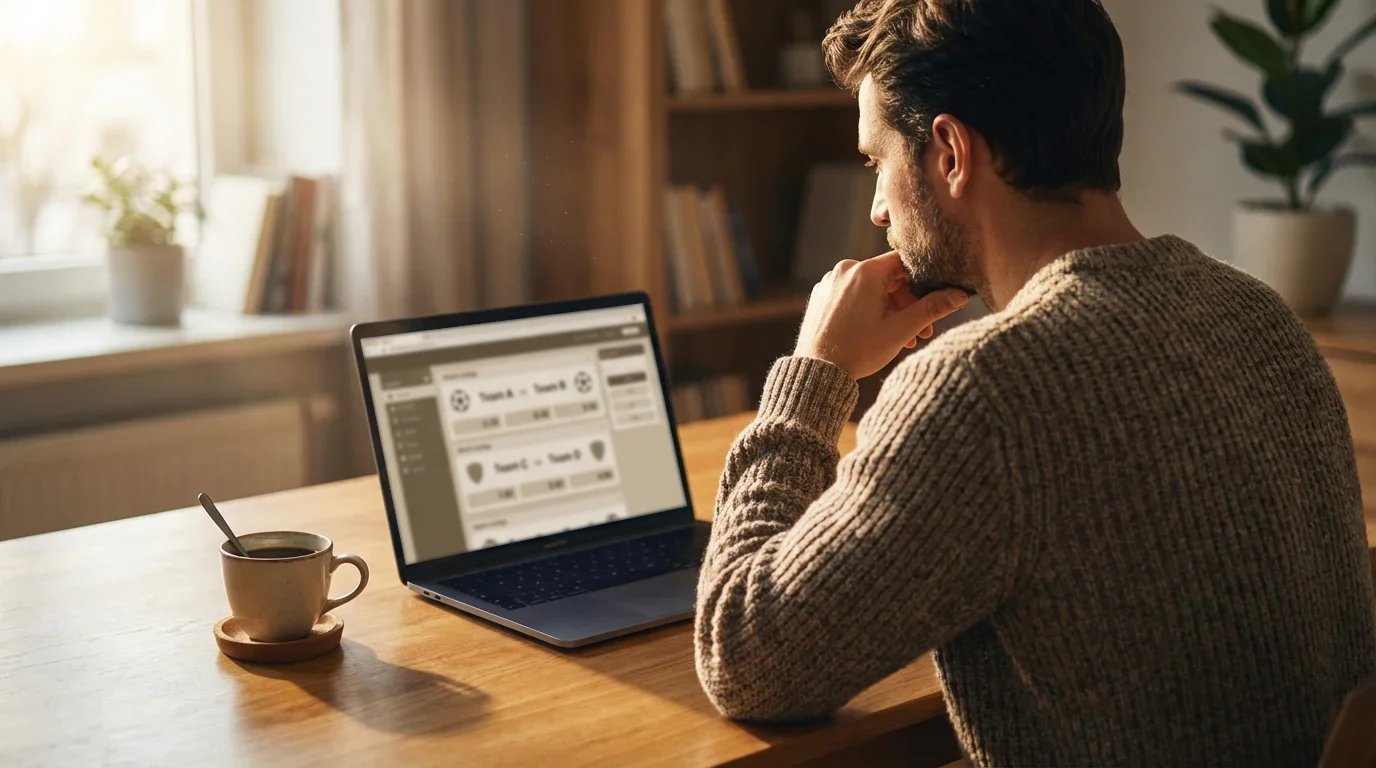 Persona che consulta un sito di scommesse sportive sullo schermo di un laptop in un ambiente domestico