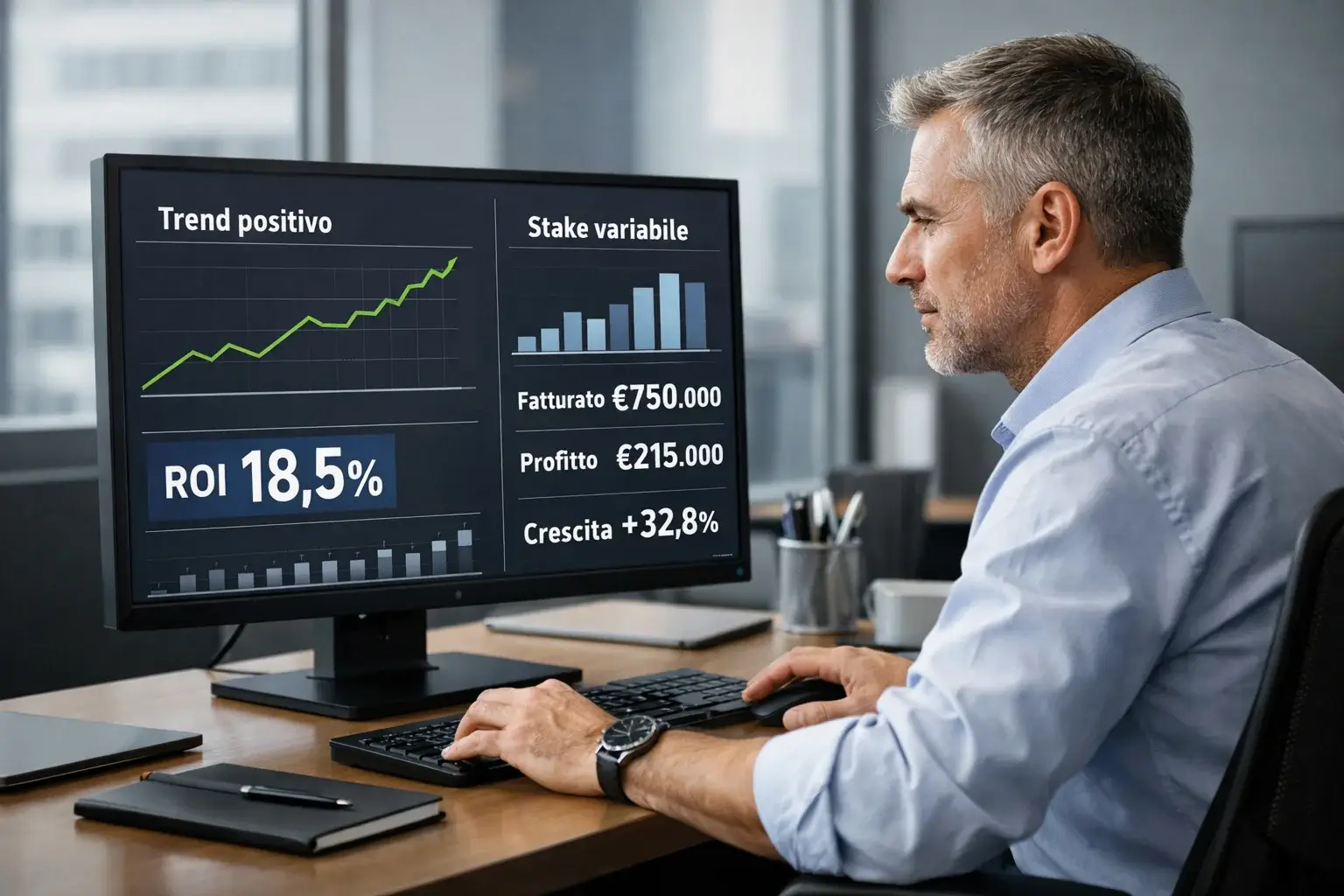 Esperto che analizza grafici e tendenze su computer