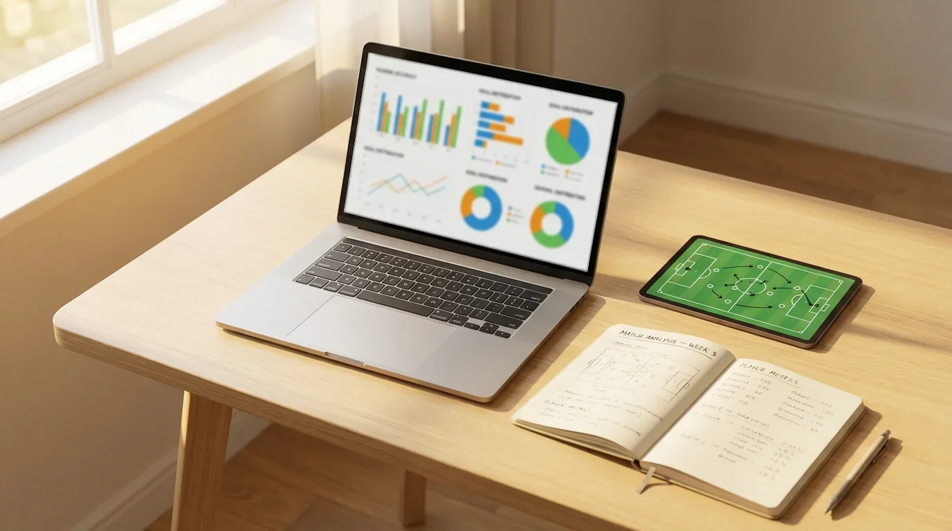 Schermo di un laptop che mostra grafici e statistiche di calcio su una scrivania con appunti