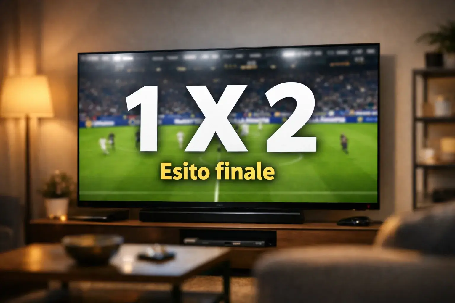 Schermo con partita di calcio e simboli 1X2 visualizzati