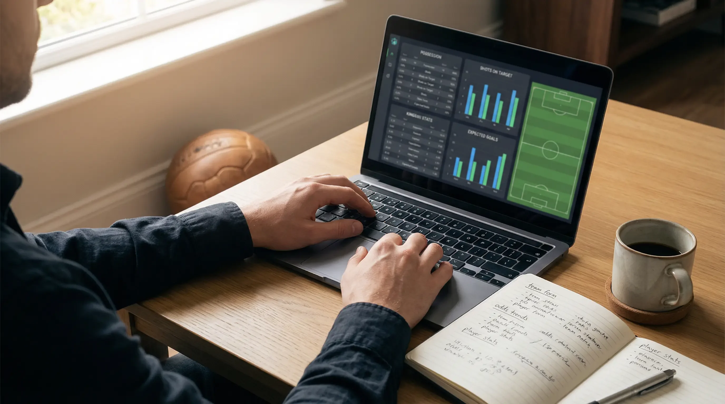 Persona che analizza dati e statistiche di calcio su un laptop con appunti sul tavolo