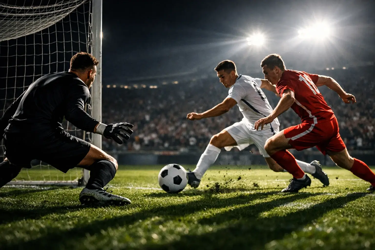 Azione di gioco durante una partita di calcio serale
